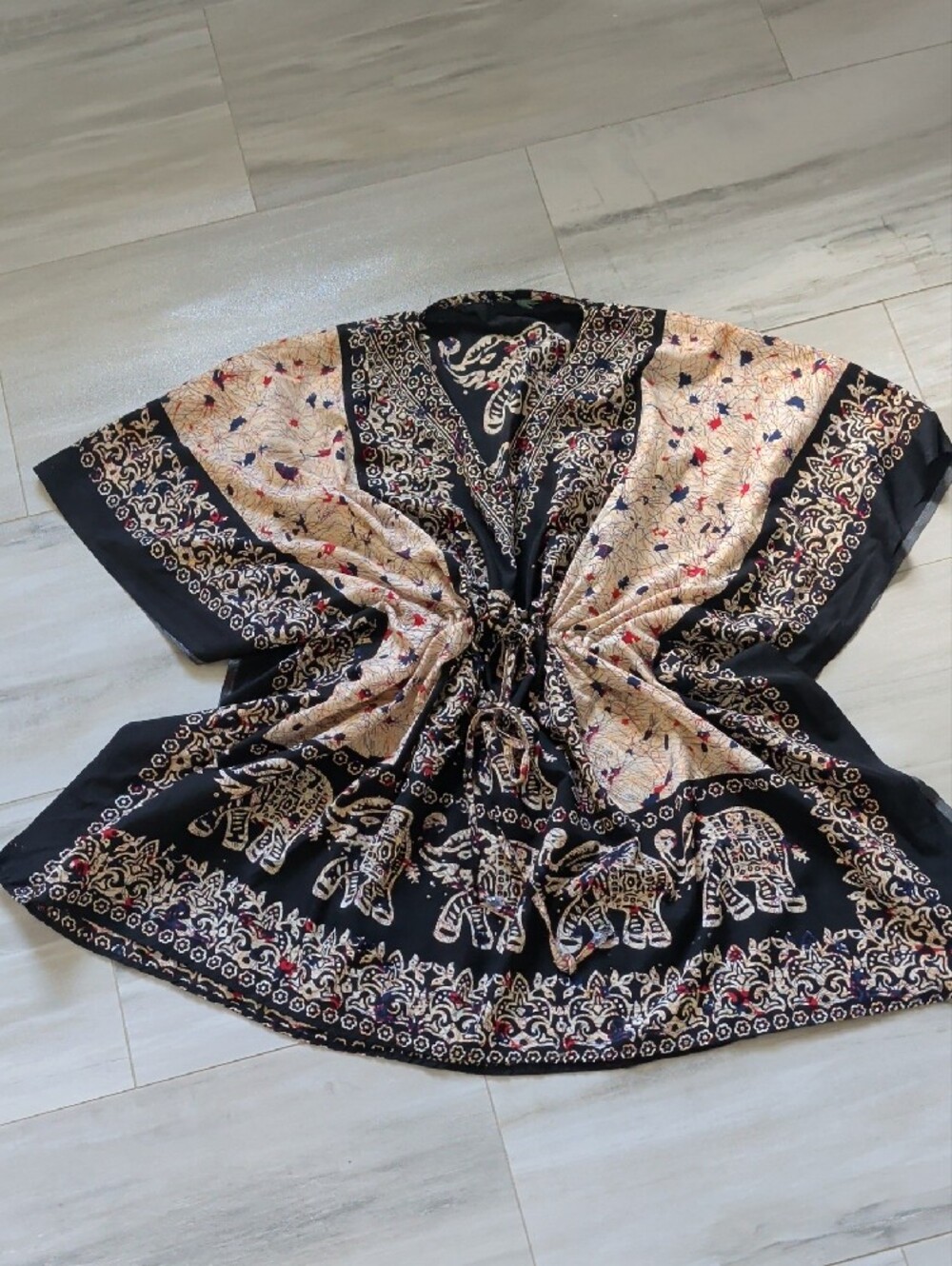 Bohemian Elephant Print Kaftan Kimono Black and Cream Free Size